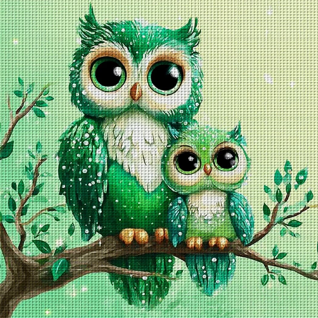 1 pezzo 36X36cm/14.1X14.1in, kit fai da te per punto croce con stampa 11CT, Gufo madre e cucciolo verde, set di punto croce rilassante per principianti adulti