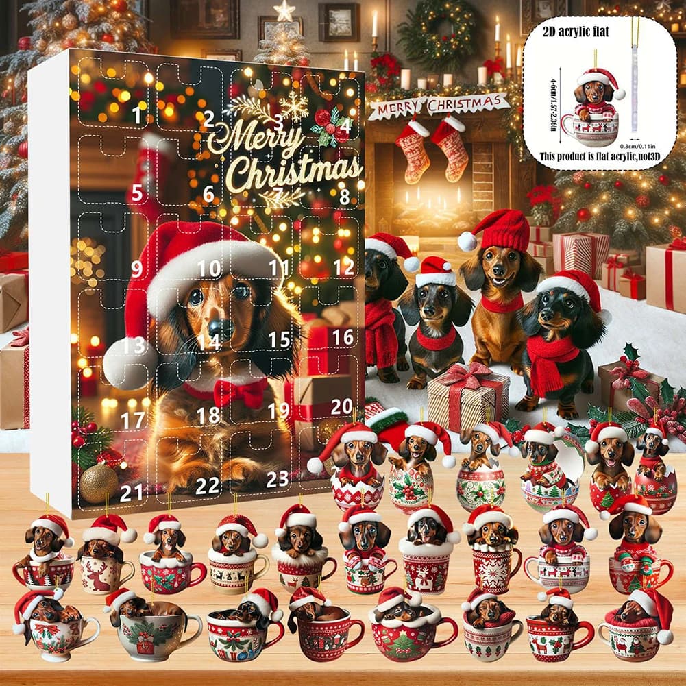 24 pezzi bassotti calendario dell'avvento di Natale 2D ciondolo gatto acrilico calendario per il conto alla rovescia albero di Natale pendenti pendenti ornamenti
