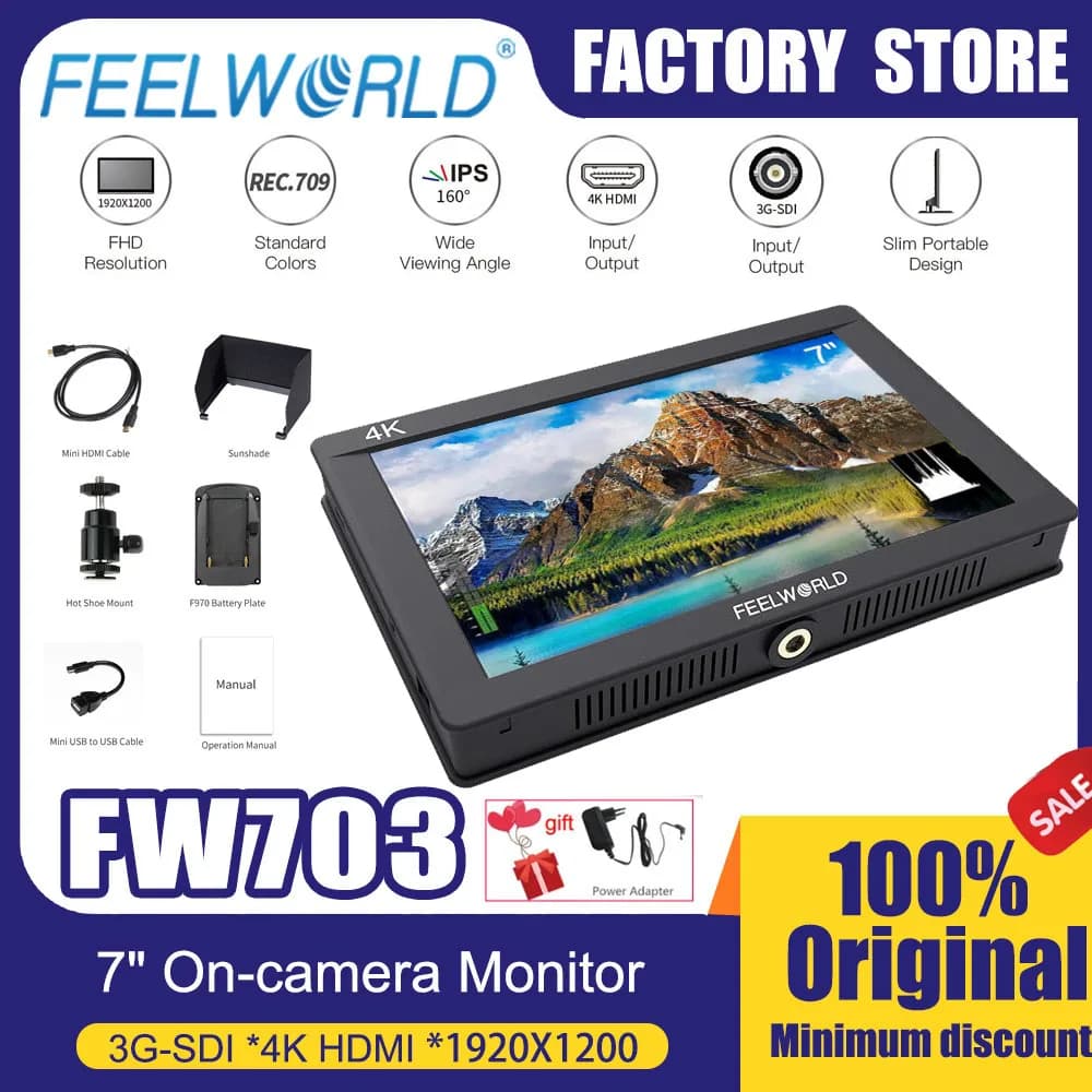 FEELWORLD Monitor on 7 inch camera FW703 3G-SDI 4K HDMI IPS Full HD 1920x1200 with histogram for camera stabilizer
