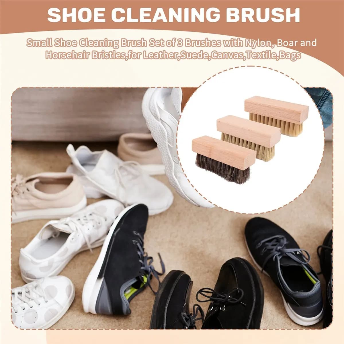 HITL Set di 3 Spazzole per la Pulizia delle Scarpe con Setole in Nylon, Cinghiale e Crine di Cavallo, per Pelle, Camoscio, Tela, Tessuti, Borse