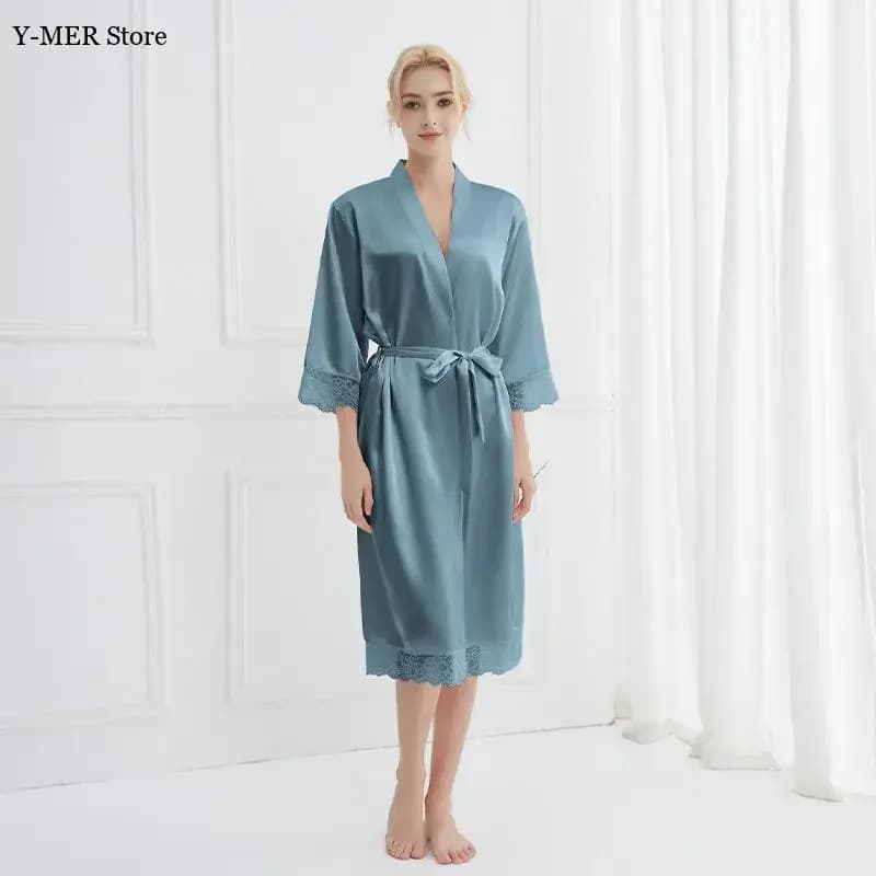 Abito da sposa elegante in rayon da donna, abito da sposa sexy con finiture in pizzo, camicia da notte, accappatoio in seta ghiacciata, abito lungo kimono, lingerie allentata, indumenti da notte