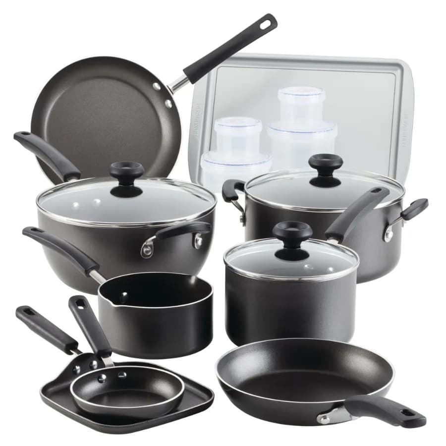 Easy Clean 20 Pcs Nonstick Cookware Set and Glass Lids with Cooking Tools and Food Storage Containers Dishwasher Safe Gray