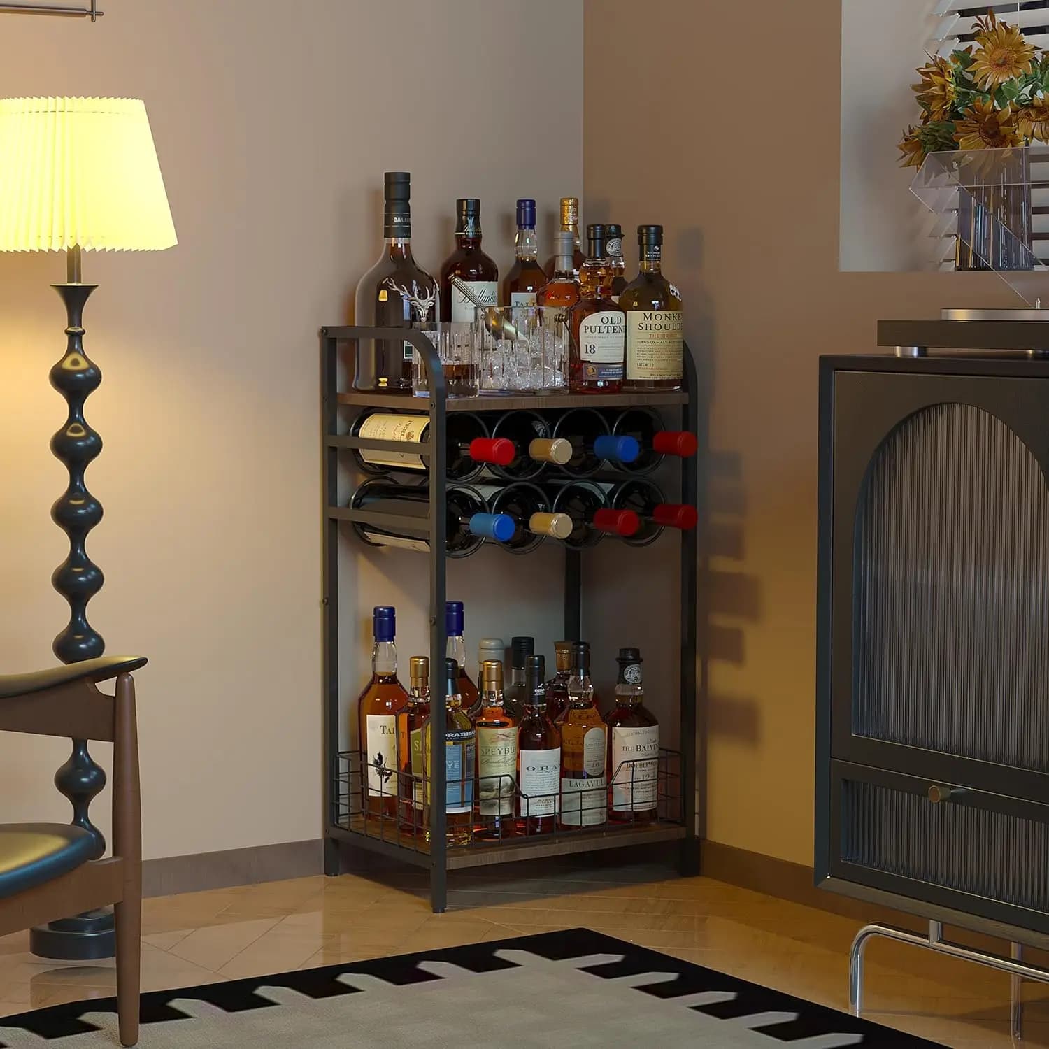 3-level wine bar table with bottle holder, small corner cabinet for the living room