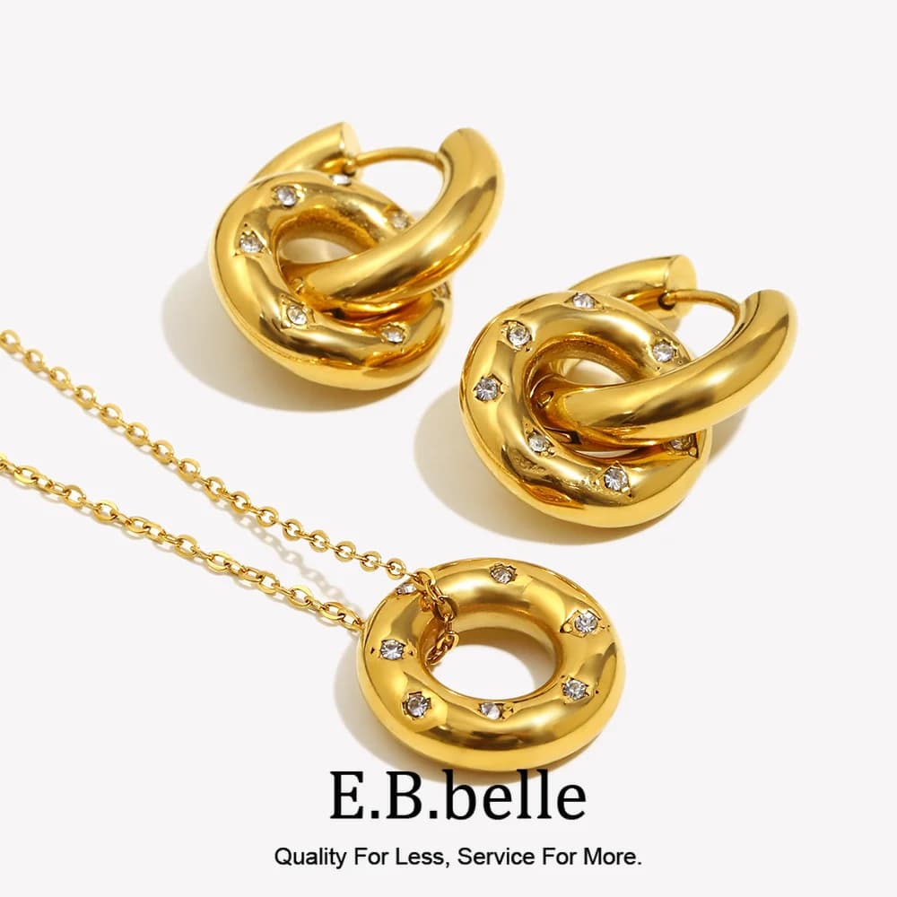 E.B.belle New Crystal Paved Round Chunky Hoop Earrings Donut Shape Gold Pendant Necklace Stainless Steel Jewelry Set For Women