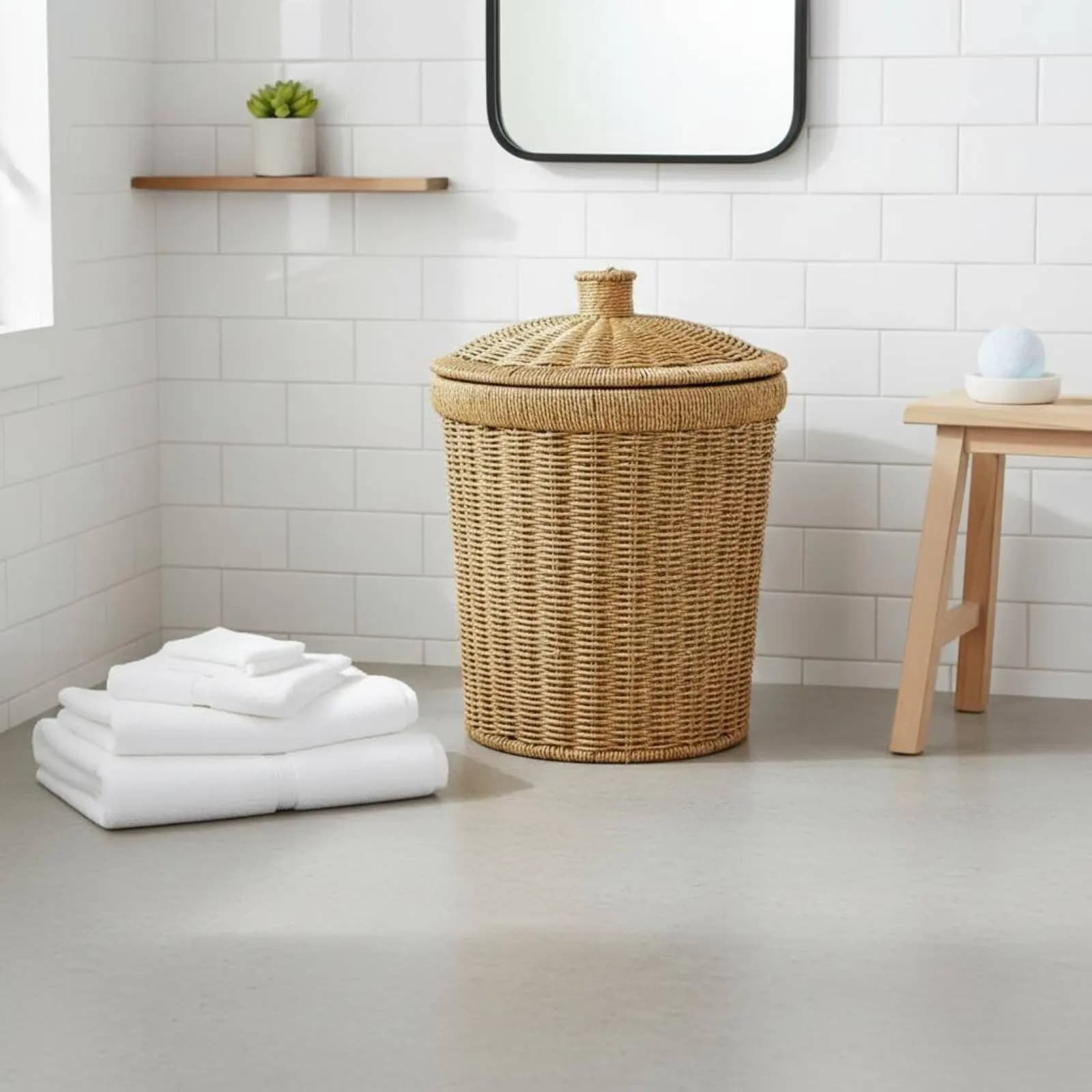 Cestino in Rattan Sintetico con Telaio Rinforzato, Cesto Portaoggetti Intrecciato con Coperchio, Contenitore per Rifiuti in Plastica Intrecciata Facile da Pulire per Soggiorno