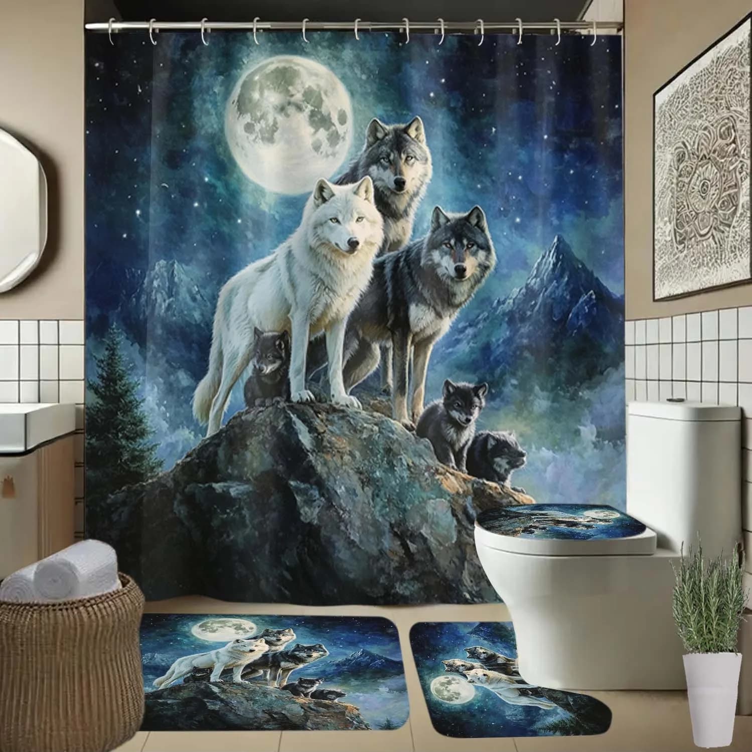 Wolf Pack, set di tende da doccia con motivo luna e cielo stellato con ganci - Arredamento da bagno in poliestere lavabile, elegante accessorio per la casa