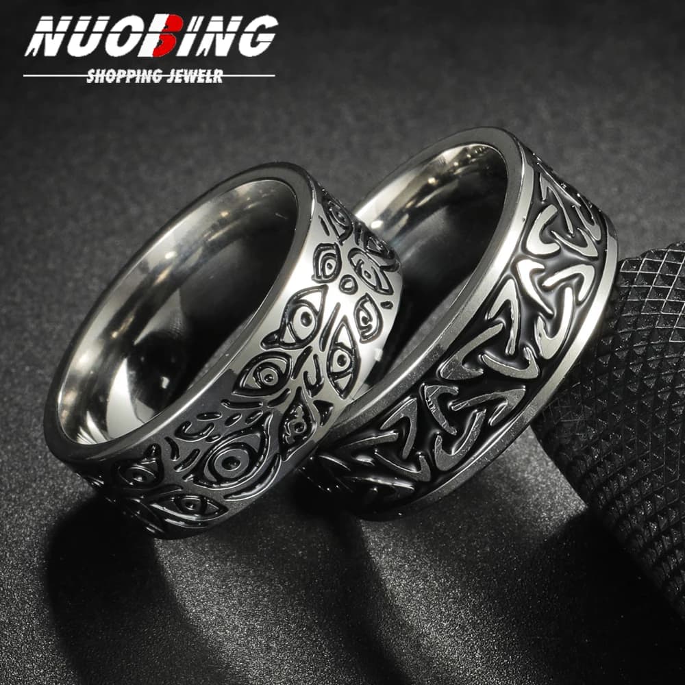 Retro Titanium Steel Ring With Pattern Of Celtic Triangle Knot Demon Eye Old Tang Grass Pattern Men's Women Ring Jewelry