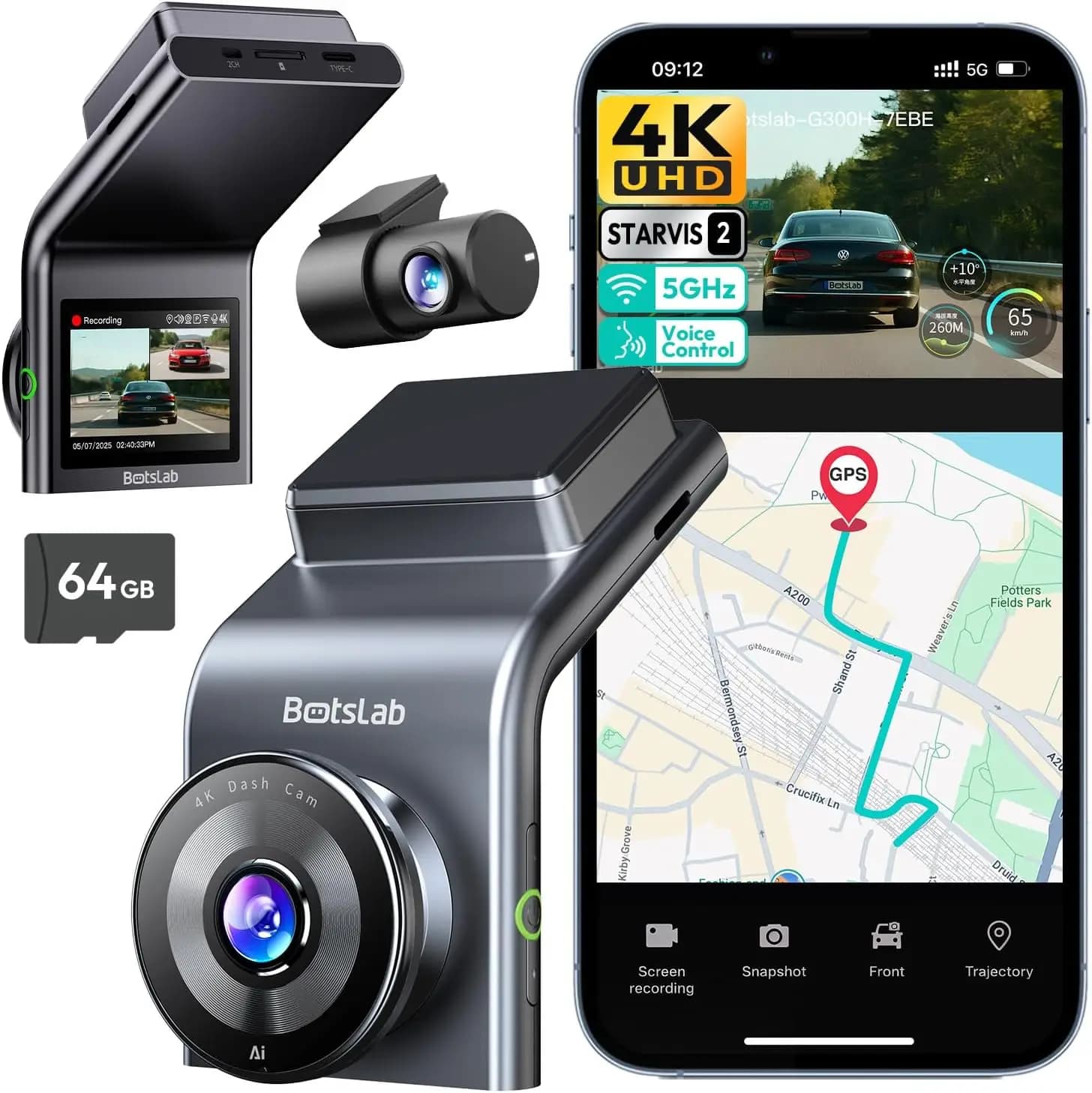 G300 PLUS 4K DUAL Dash Cam Front and Rear [2026 Upgraded], STARVIS 2 Sensor, 64GB Card Included, Voice Control, 5GHz WiFi Dashca