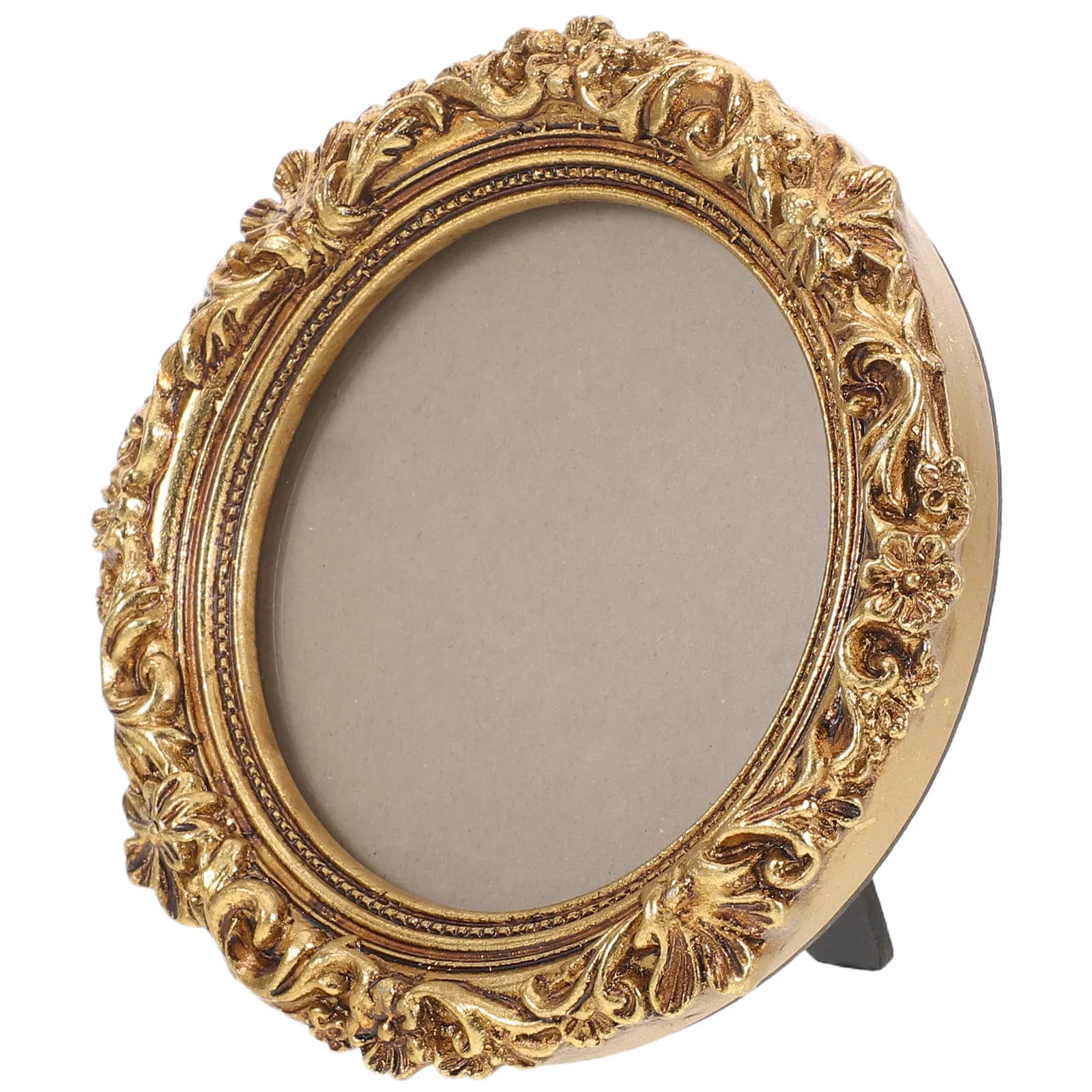 Vintage Gold Resin Picture Frame Circular Ornate European Style 5.31 Inch Desk Photo Holder Retro Standing Frame for Living Room