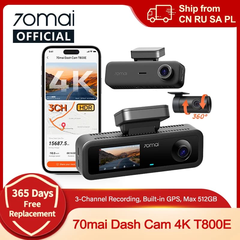 70mai T800E Dash Cam 4K to 3 Channels (Anterior, Rear, Interior) with Vocal Control, Monitoring Parking 24H, Supercondenser, GPS, DVR Car 4K