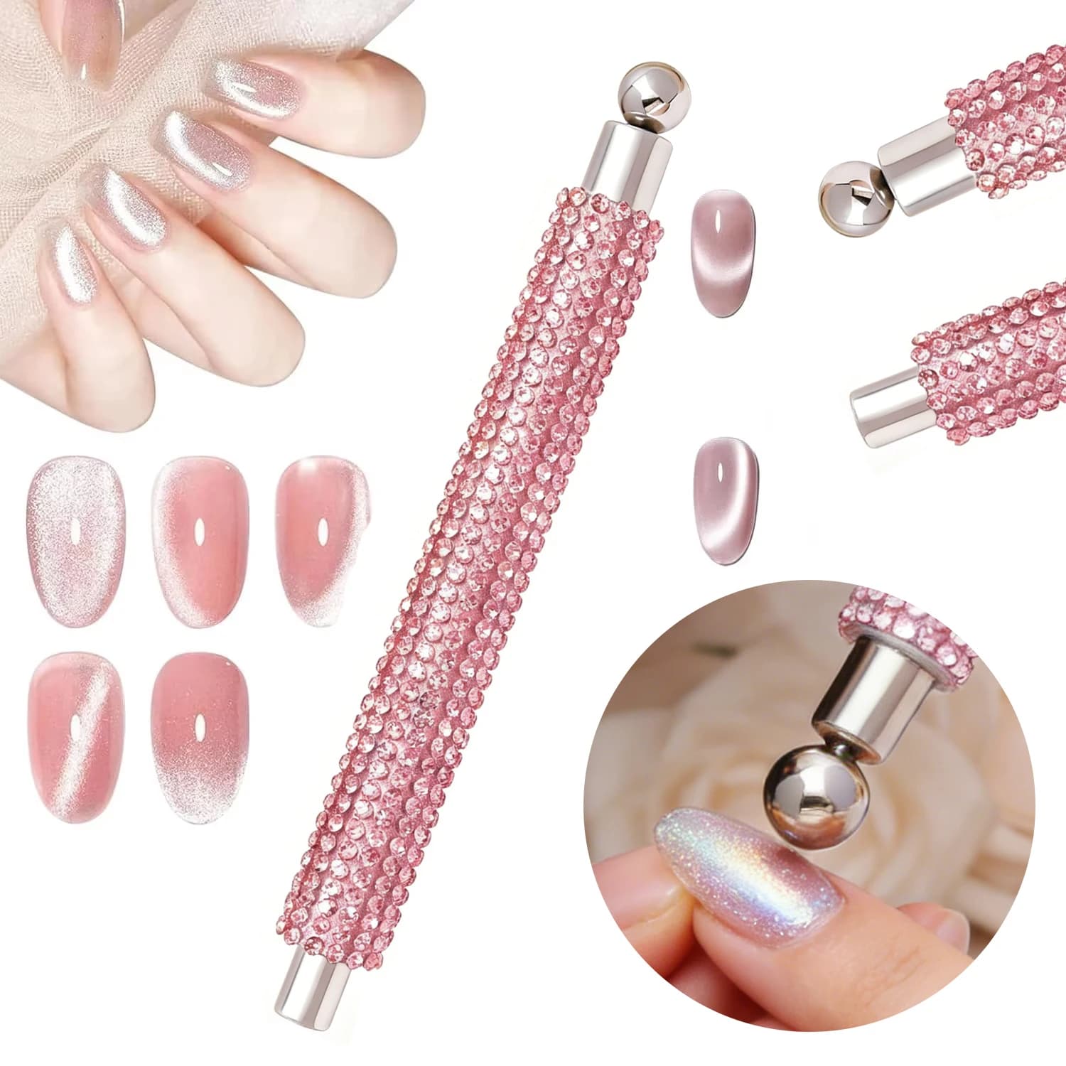 YIKOOLIN Pennello Magnetico a Doppia Punta Effetto Occhio di Gatto con Strass - Cilindrico e Sfera d'Acciaio per Smalto Gel, Strumento di Lusso per Manicure