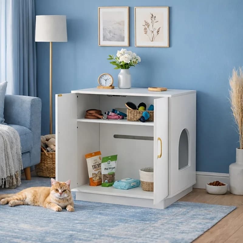 Mobiletto Moderno per Lettiera Gatti, Toilette Chiusa per Gatti con Ripiano Superiore, Mobile Bianco per Animali Domestici da Interno per Soggiorno, Nasconde la Lettiera, Riduce Disordine e Odori