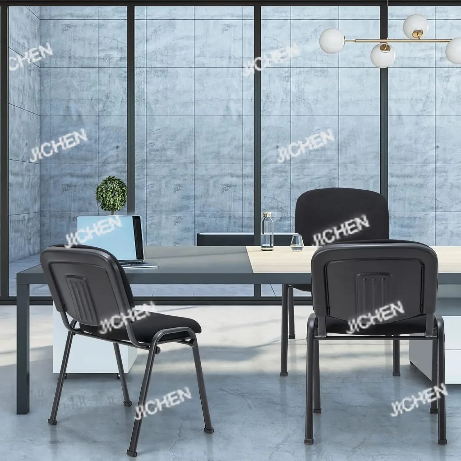 JC JC Set di sedie da ufficio moderne nere da 5 pezzi, impilabili ed ergonomiche con struttura in metallo e cuscino imbottito, ideale per l'attesa in ufficio