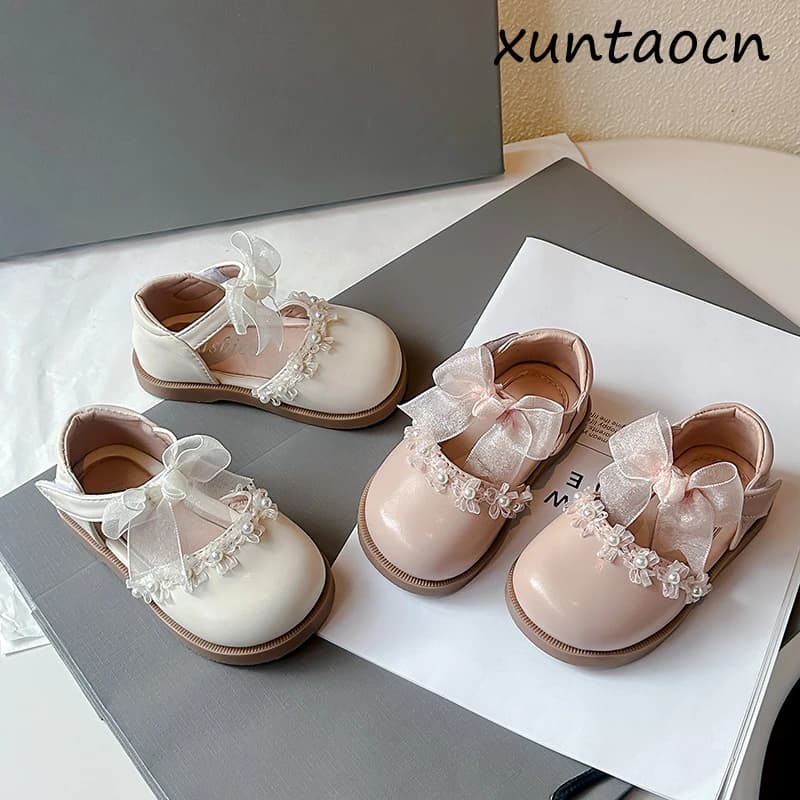 Baby Girls Leather Shoes for Wedding Party Princess Kids Flat Mary Janes Lace Bowtie with Beading 2026 Spring Children Flats New