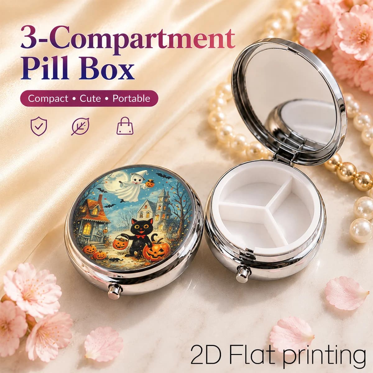 1Pc, Flat, Ghostly Moonlit Night Black Cat Pumpkin Pattern, Portable Pill Box for Daily Travel, Moisture-Proof Small Pill Box, Multifunctional Storage Box for Vitamins and Supplements, Small Jewelry Organizer, Waterproof Pill Storage Box, Holiday Gifts, Souvenirs, Prizes, Small Gifts, Suitable for Personal Use or as an Exquisite Gift Choice