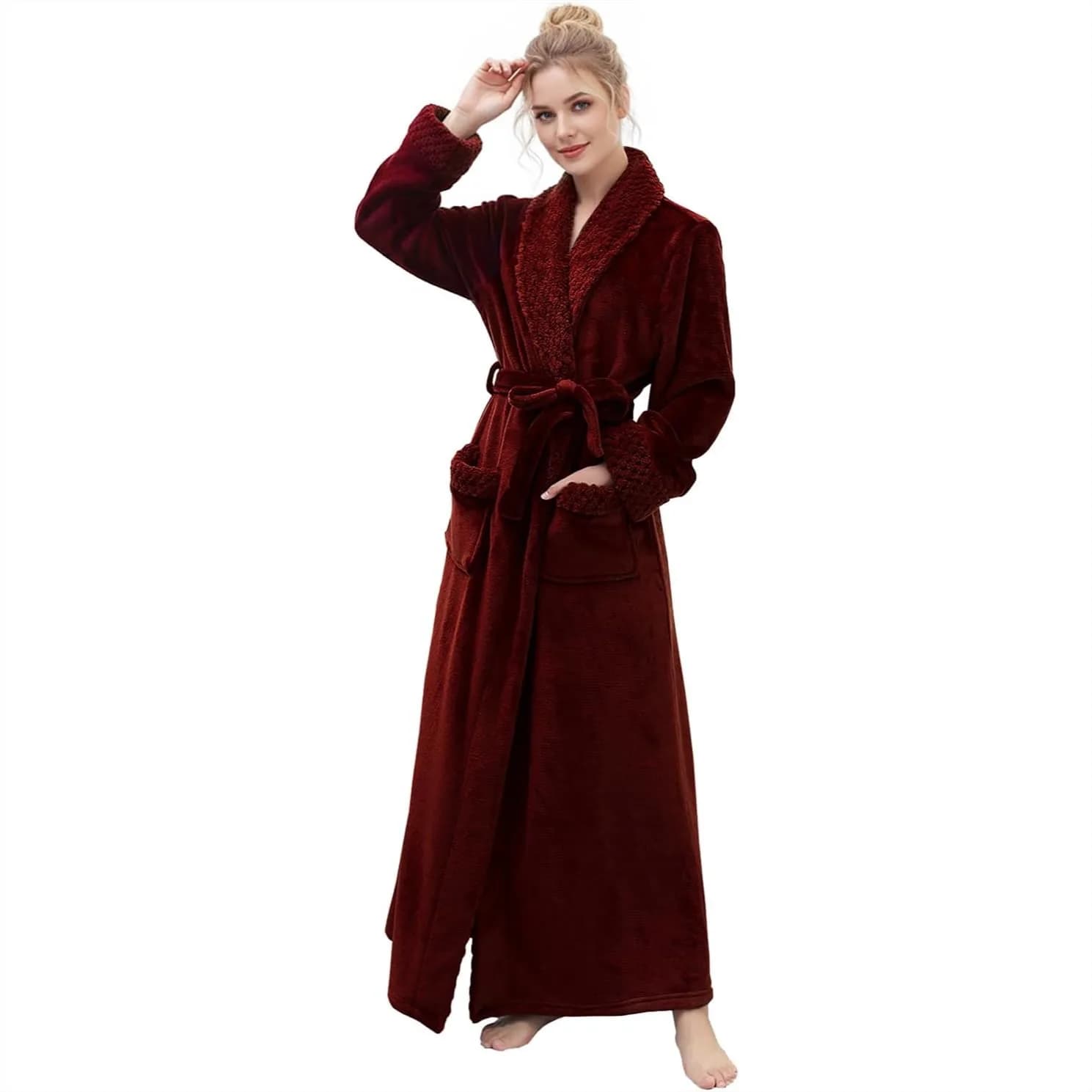 Plush Fleece Bath Robe for Women Soft Long Housecoat with Pockets Sleepwear