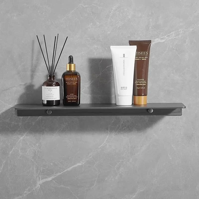 Gray Space Aluminum Mirror Shelf, Thickened Linear Wall Mounted Storage Rack for Bathroom Vanity Drilling Installation