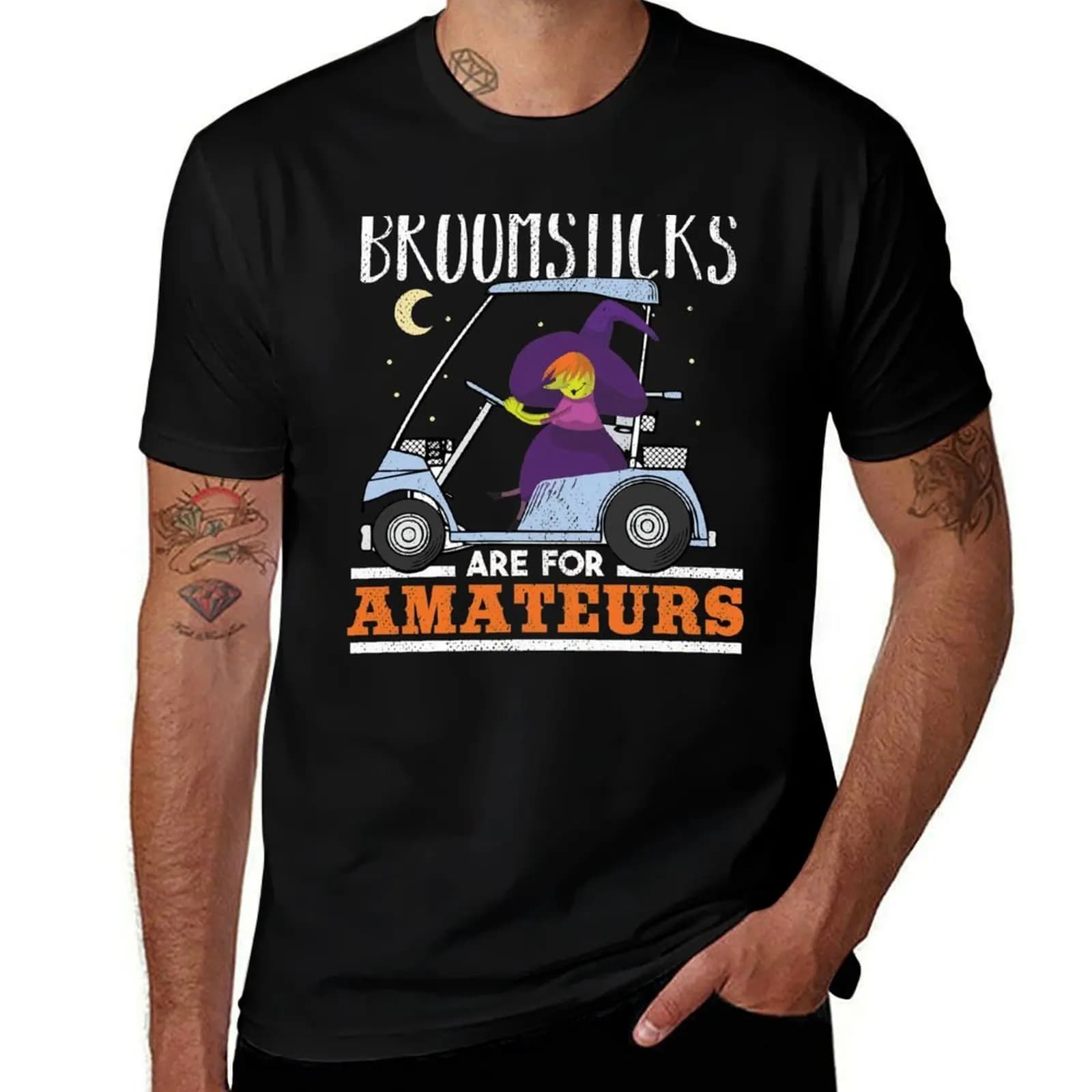 Witch Riding a Golf Cart Funny Halloween T-Shirt Stylish Graphic Short Sleeve Top