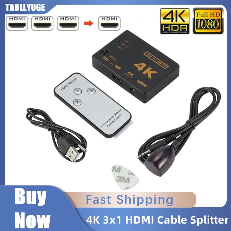 Splitter HDMI cable 4K 2K 3x1 Video switch adapter HD 1080P 3 inputs 1 HDMI Hub output port for PS4 Xbox DVD HDTV laptop TV