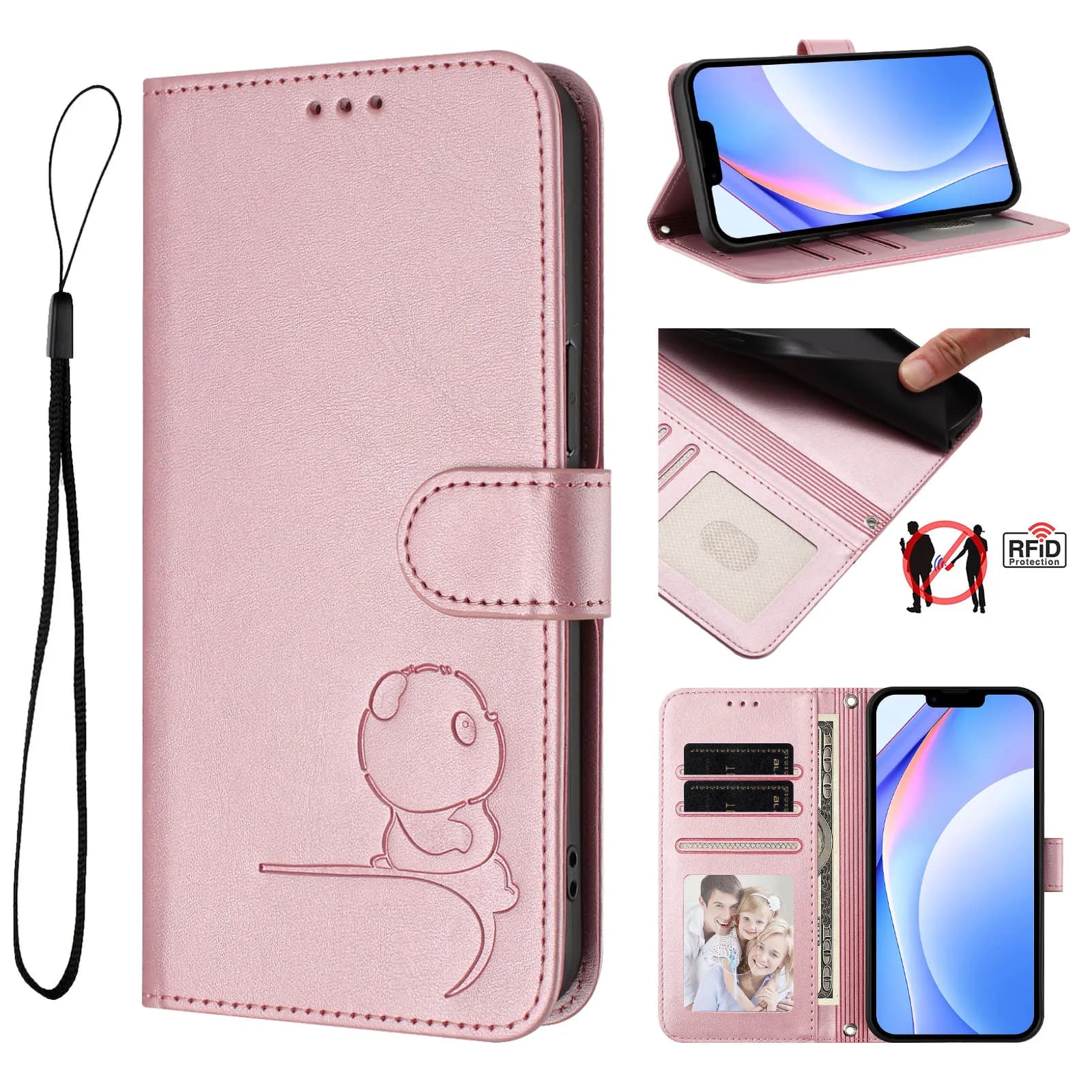 Custodia a libro in pelle con design Panda per Vivo Y300 Pro Y200 Y100 Y78 Y77 Y76 Y75 Y73 Y56 Y55 Y53S Y52 Y39 Y38, con protezione RFID e 3 slot per carte