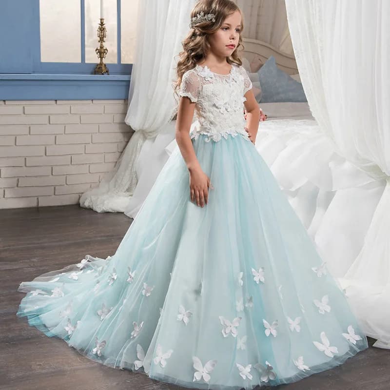 Abito da ballo personalizzato Abiti da ragazza di fiori per bambini Appliques Tulle Corte dei treni Abiti da festa di compleanno per bambini