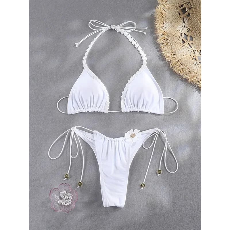 String Swimsuits White Flower Bikini Bandage Swimsuit Triangle Bikinis High Cut Swimwear Sexy Bathing Suit Vacation Beachwear