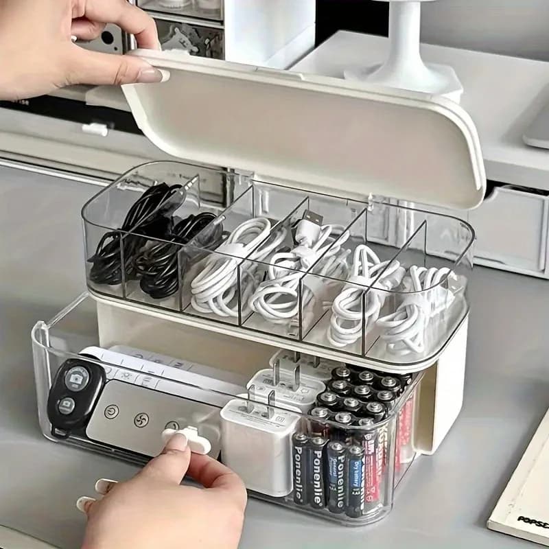Double Layer Transparent Desktop Cable Organizer Box Adjustable Compartment Cord Charger Storage for Home Office Wire Management