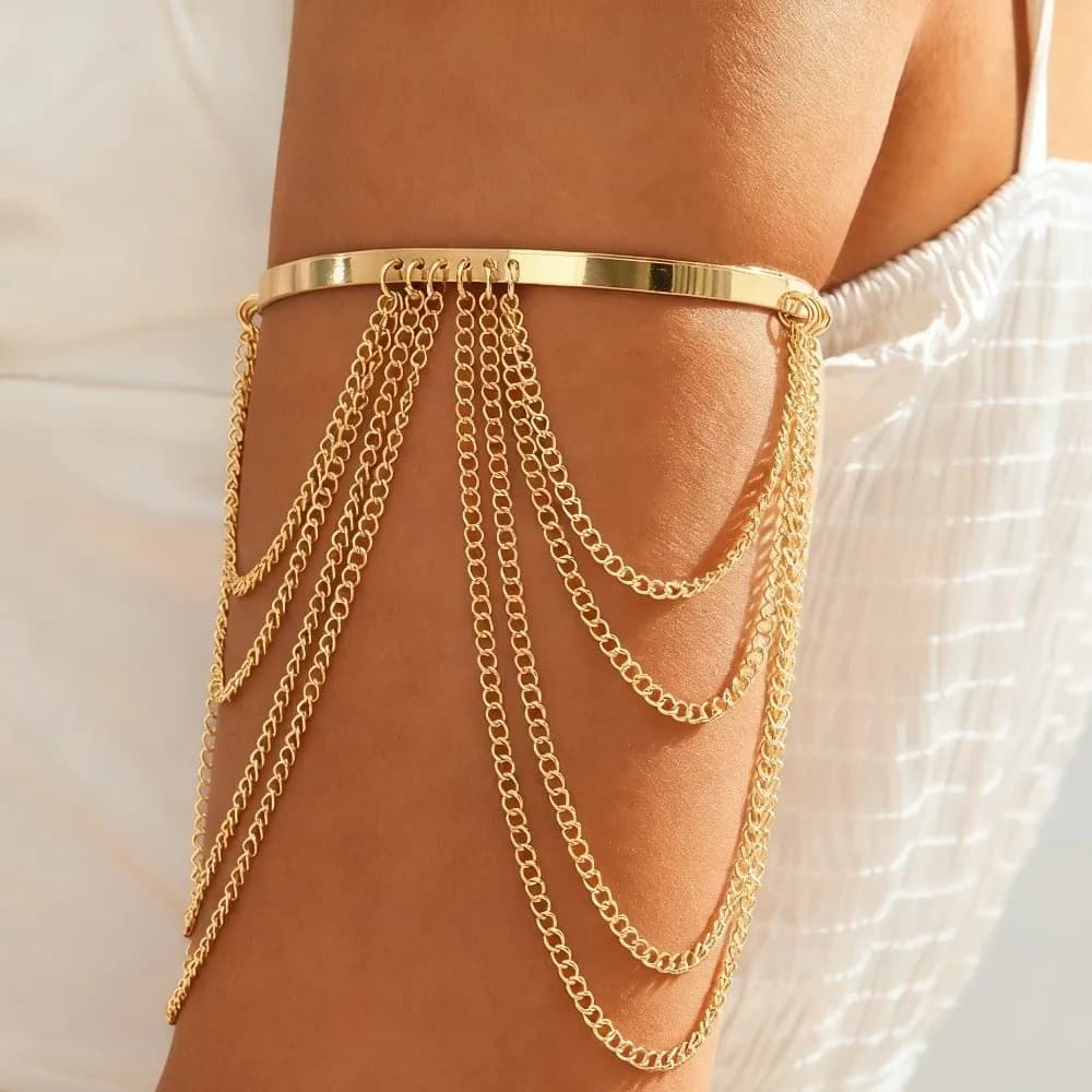 Gold Color Arm Bangles Thin Chain Multi-Layer Adjustable Arm Bracelet Alloy Open Adjustable Chain Pendant Bangle