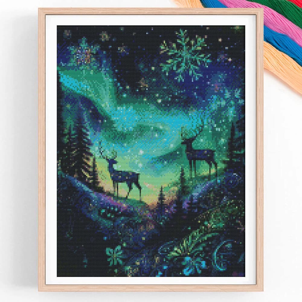 Kit Completo Fai-da-Te per Punto Croce con Fiocchi di Neve Aurora e Cervi, Paesaggio Marino, Regalo di Natale Unico, Decorazione Moderna per la Casa