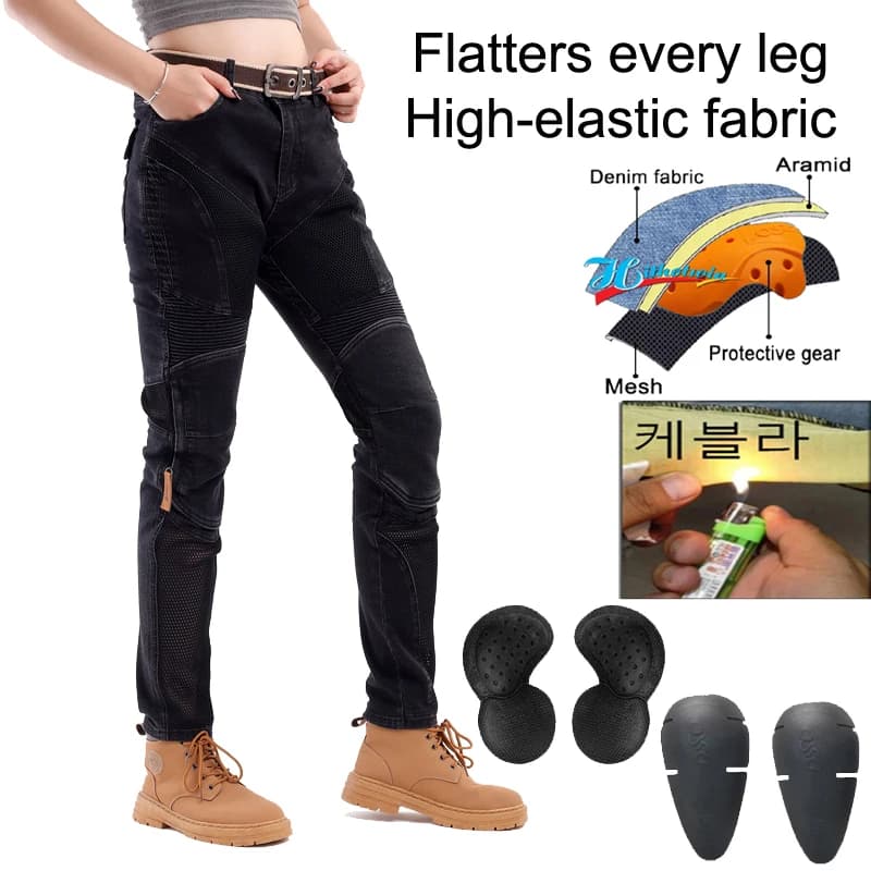 Jeans da moto in Kevlar Pantaloni da equitazione resistenti all'abrasione da donna Pantaloni neri durevoli antivento estivi
