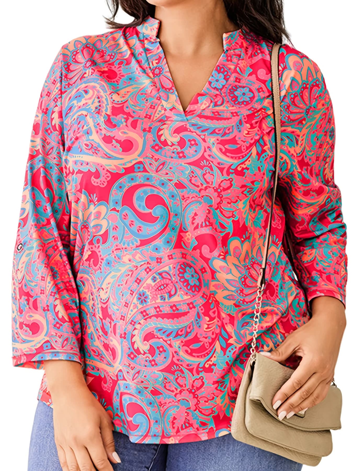 Women's top with strong paisley print, Boho blouse with V neckline and 3/4 sleeves, casual shirt for curved women