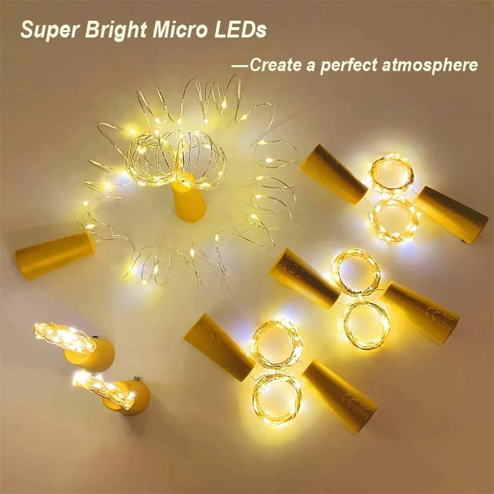 Luci per Bottiglie di Vino con 20 LED, 10 Pacchi, Filo di Rame, Luci Fatate a Stringa, Bianco Caldo, Tappo per Bottiglia, Lampada d'Atmosfera per Natale e Festività
