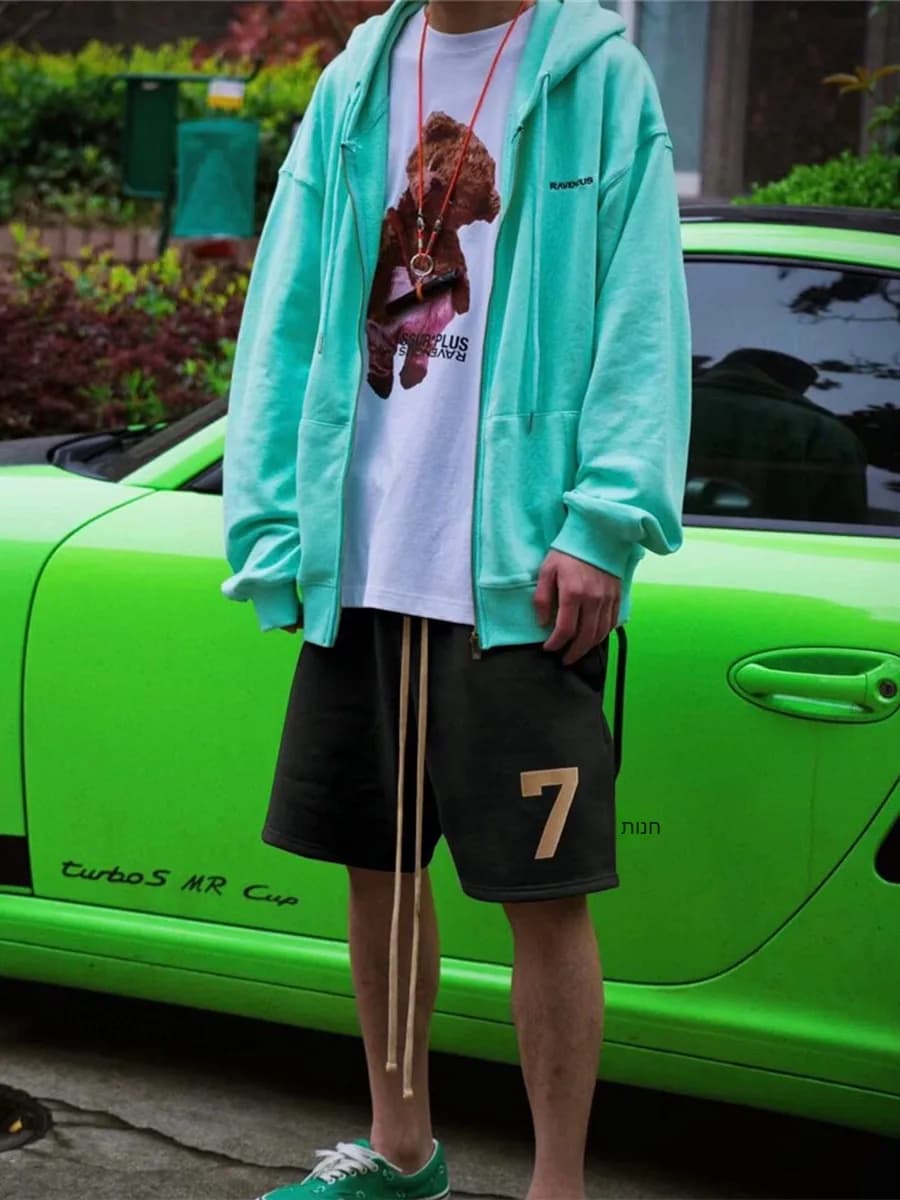 FOG JTYSJ Men's Casual Loose Cotton Shorts Digital 7 Flocking Print High Street Summer Leisure Sports Shorts