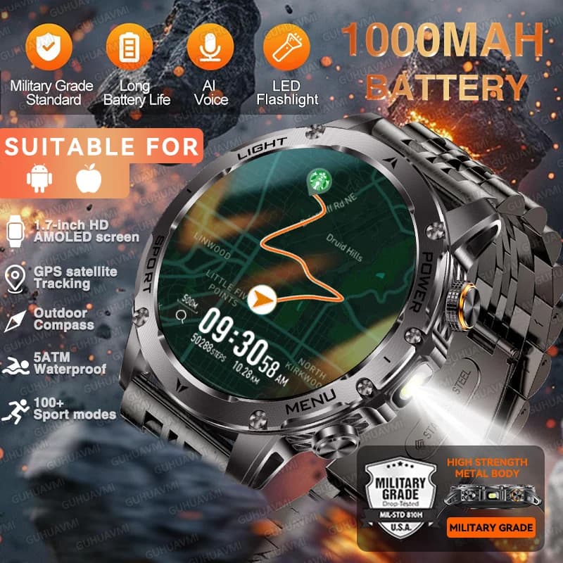 Sport all'aria aperta GPS Astuto Della Vigilanza Degli Uomini 5ATM Impermeabile Swim Smartwatch HD AMOLED 1000mAh Batteria NFC Chiamata Fitness Orologi Elettronici