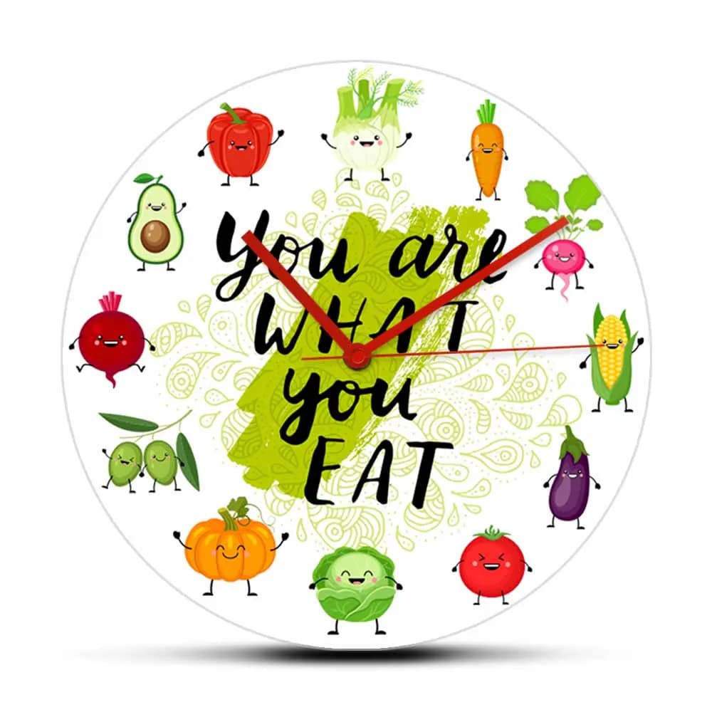 Orologio da Parete con Citazione Vegetariana 'You Are What You Eat', Insegna Divertente per Cucina con Frutta e Verdura, Orologio da Parete Cartoon, Opera d'Arte su Alimentazione Sana