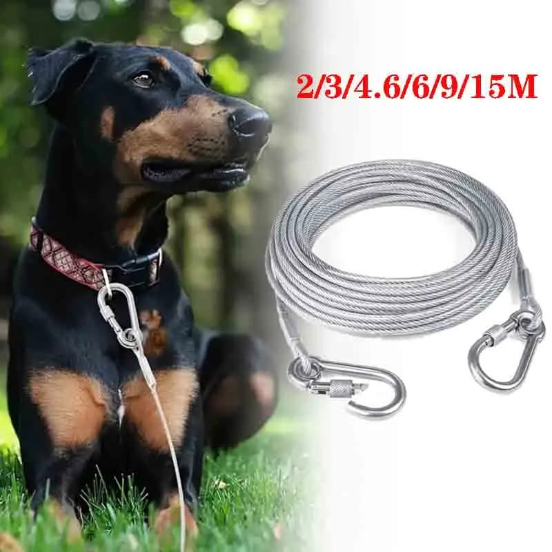 Cavo di fissaggio per cani, guinzaglio da 4,6/9/15 metri, guinzaglio da passeggio per esterni, guinzaglio in filo metallico con clip premium per cani sotto i 113 kg