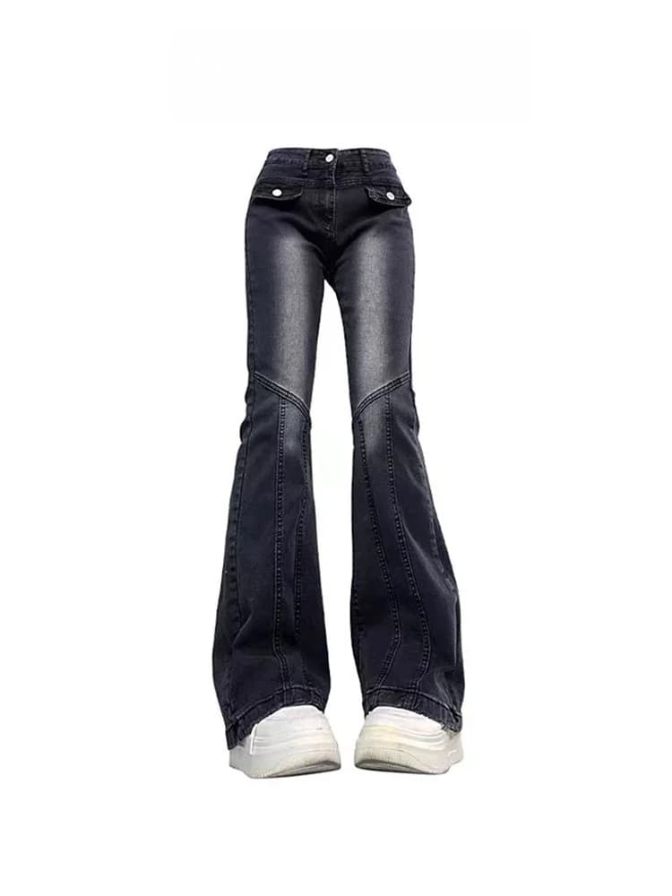 Jeans a Vita Alta Elasticizzati Micro Flared da Donna, Nuovo Stile Primavera Autunno, Gamba Larga in Denim Nero Grigio