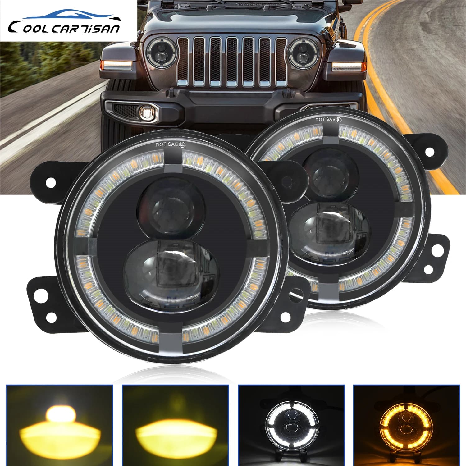 2PCS 4 pollici Auto LED Faro 6000k Fendinebbia Fendinebbia 200W Bianco Ambra Halo Anello DRL per Jeep Wrangler Cherokee JK LED