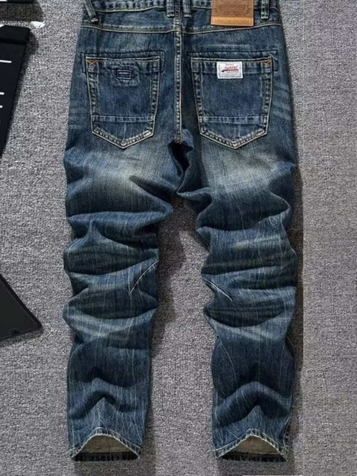 Jeans Slim Fit a Gamba Dritta Effetto Vintage per Uomo, Abbigliamento Casual per Tutte le Stagioni, Pantaloni in Denim Blu Classico