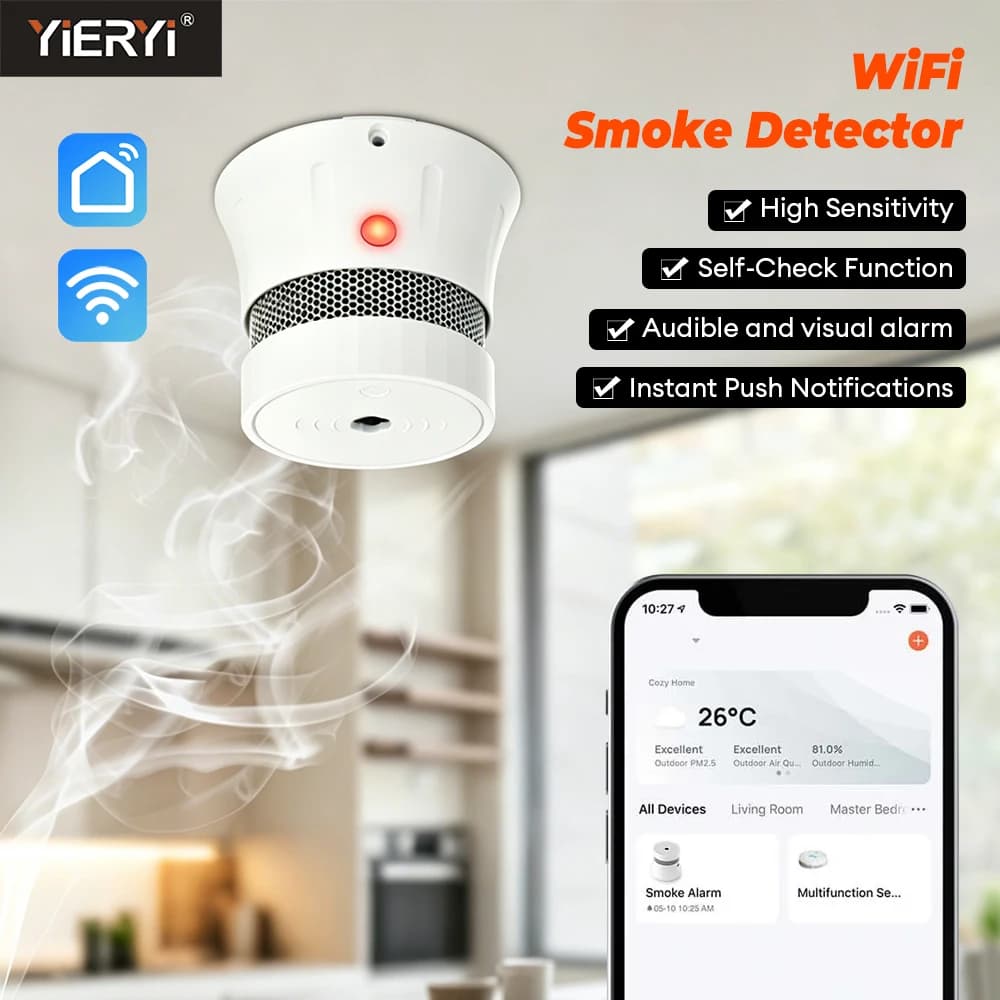 Rilevatore di Fumo WiFi Zigbee Yieryi Tuya, Sistema di Allarme Antincendio per Casa Intelligente, Sensore di Fumo Fotoelettrico Wireless con Avviso App