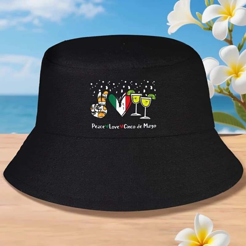Men' Mexican Fiesta Bucket Hat - Retro Y2K Cinco De Mayo Sombrero with Peace Love, Machine Washable Suitable for Parties, Themed