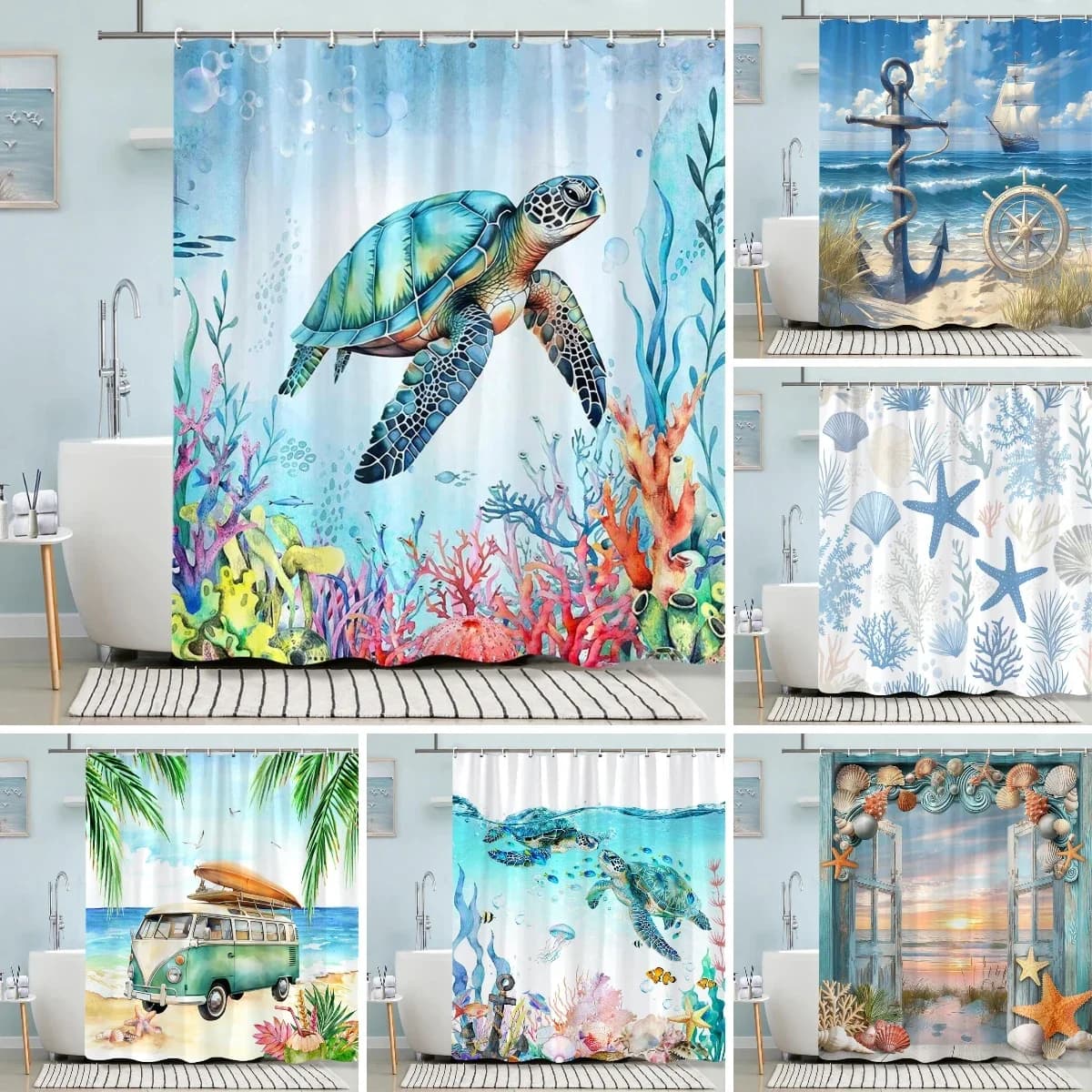 ~O~ Tartaruga Tenda da doccia Summer Beach Anchor Stella marina nautica Acquerello Arte Creativa Tende da doccia in poliestere Decorazioni per il bagno