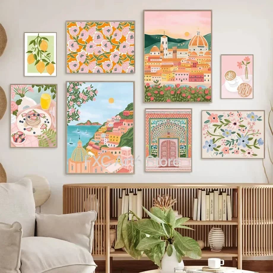 Frameless Santorini Lemon Coffee Flowers Abstract Landscape Posters and Prints Wall Art Canvas Painting Pictures For Living Room