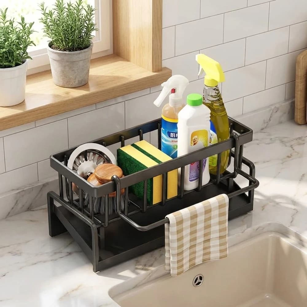 Organizzatore da rubinetto per spezie con scolo e portasciugamani, salvaspazio per utensili e prodotti per la pulizia in cucina