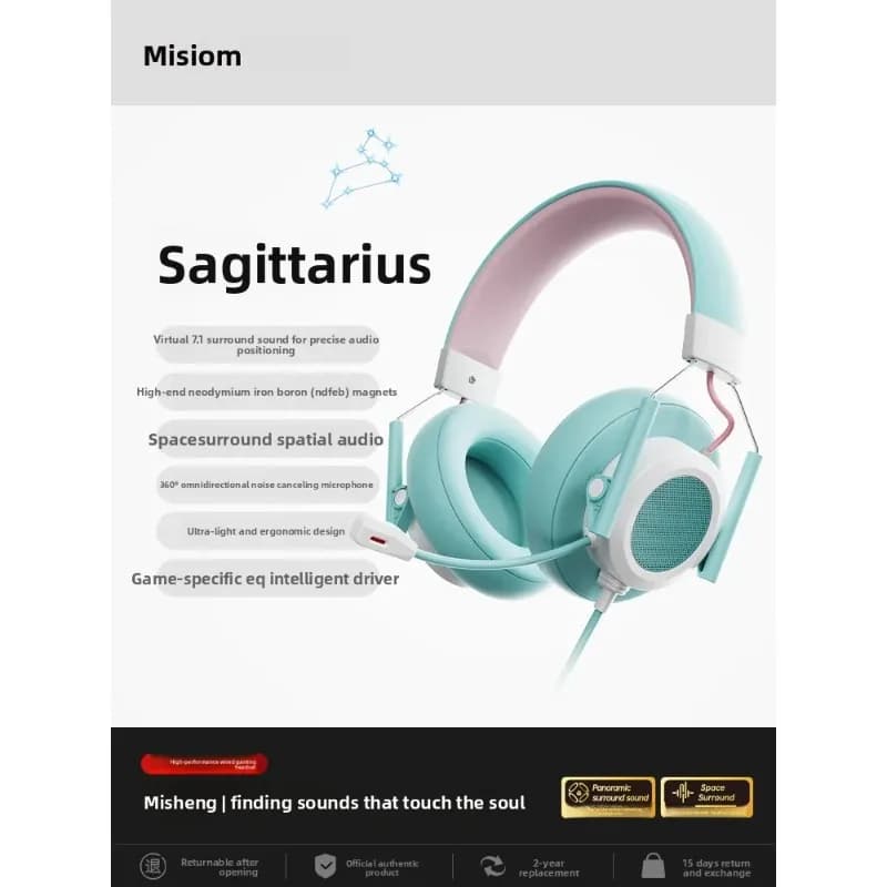 Miusheng Sagittarius Wired Over-Ear Gaming Headset, 2-in-1 USB Microphone for Desktop PC E-Sports