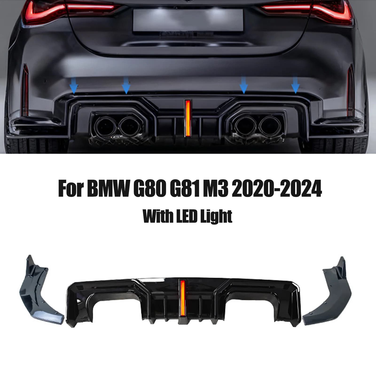 For BMW G80 G81 M3 2020-2024 Rear Bumper Lip Diffuser Spoiler Splitter Corner with LED Light Spoiler Splitter Carbon Fiber Look