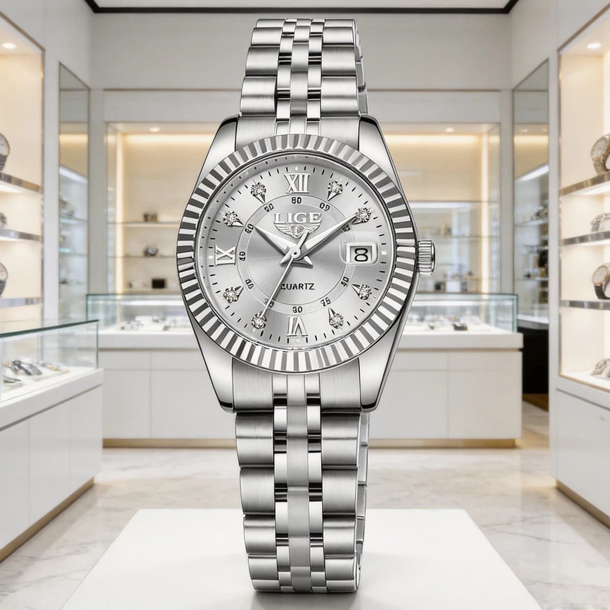 Orologio da Polso LIGE di Lusso con Strass per Donna, Cinturino in Acciaio Inossidabile, Movimento al Quarzo, Regalo, Reloj Mujer