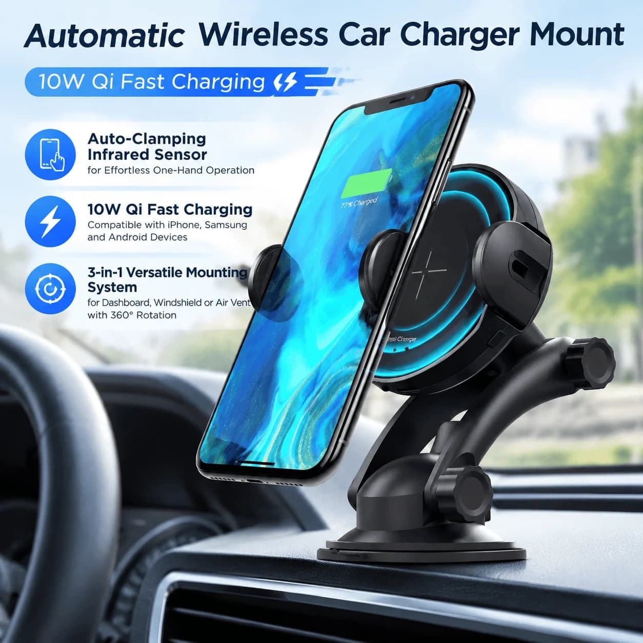 Wireless Car Charger Auto Phone Holder 10W Qi Fast Charging Infrared Sensor Car Mount Dashboard Vent Hands Free 360 Rotation