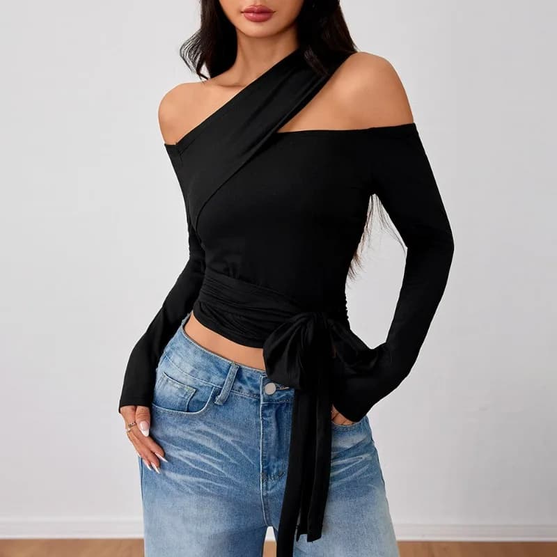 T-shirt da donna New Street Trend autunno/inverno 2026 Top a maniche lunghe dal design irregolare