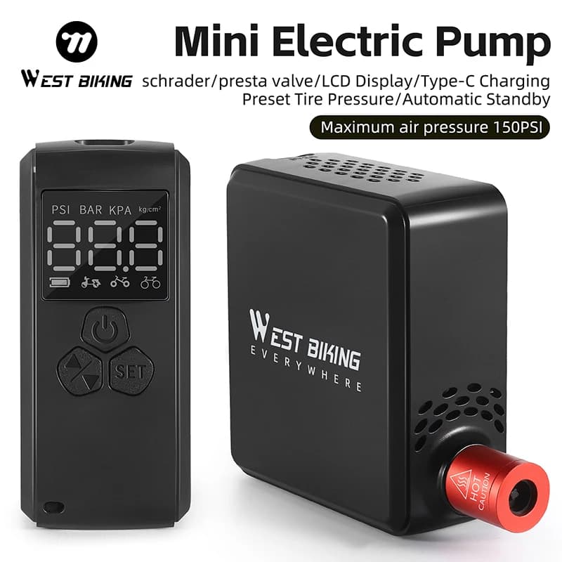 WEST BIKING Mini pompa d'aria elettrica portatile per gonfiaggio moto con display LCD Accessorio per gonfiaggio pneumatici con compressore ricaricabile